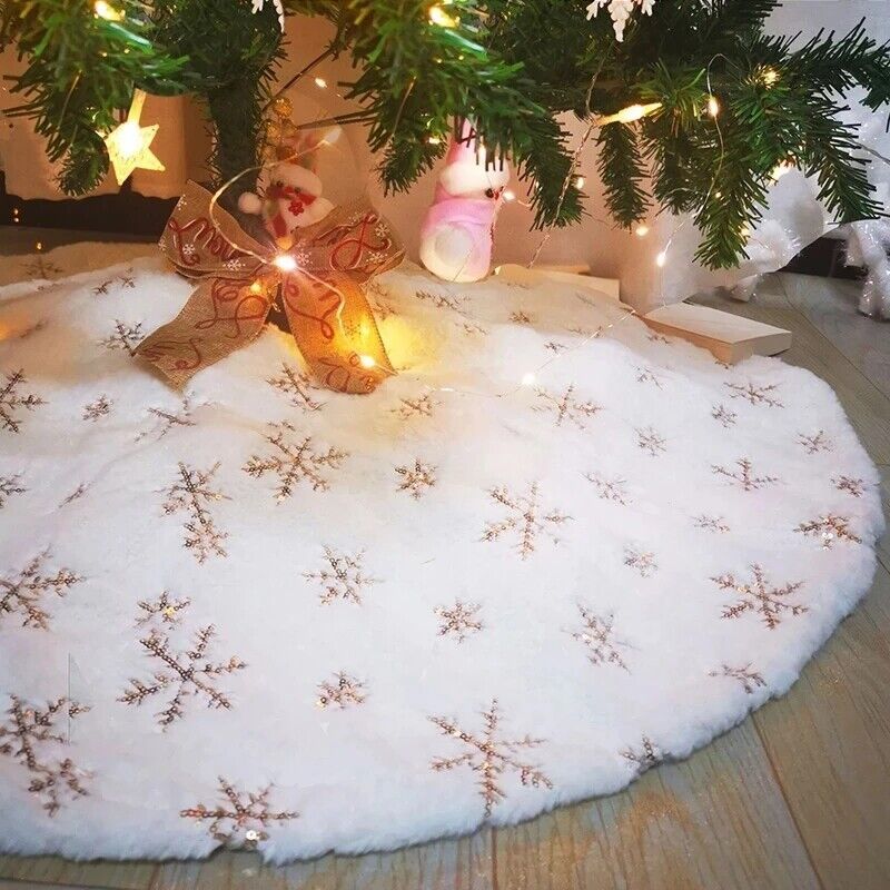 Christmas Tree Skirt Base Faux Fur Xmas Holiday Floor Mat Ornaments Decoration